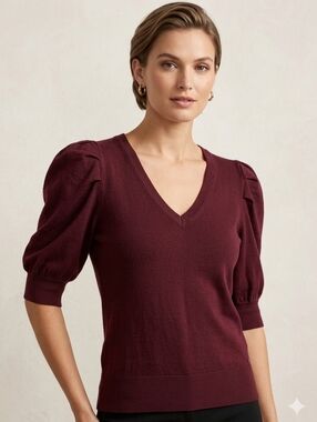 DKNY BURGUNDY PUFFED SLEEVES V NECK SIZE LARGE